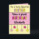 Special sister name pink birthday card<br><div class="desc">Celebrate your amazing sister with this vibrant birthday card! It’s the perfect way to let her know how special she is. Add a personal touch by including her name and a heartfelt birthday message to make her day extra memorable. This card is a great way to say, “Happy Birthday, Sister!”...</div>