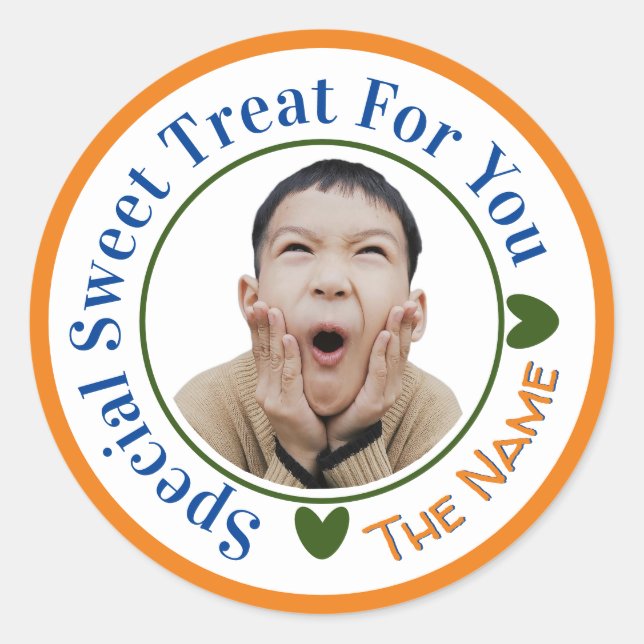 Special Sweet Treat for You Photo Name Orange Classic Round Sticker (Front)