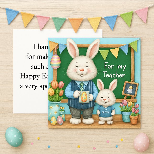 Special Teacher Happy Easter Holiday Card (For teacher, preschoolers or kindergarten designed card for teacher. Cute Easter bunny rabbits )