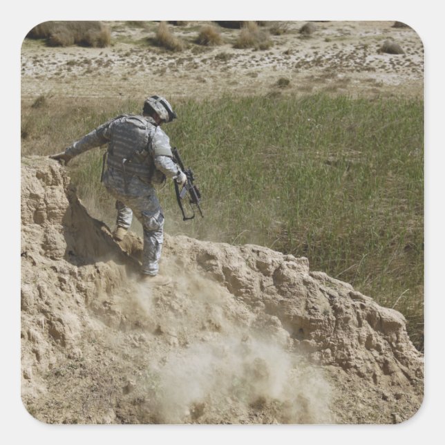 Specialist climbs down square sticker (Front)