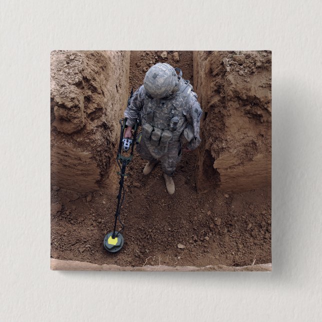 Specialist searches for a weapons cache 2 inch square button (Front)