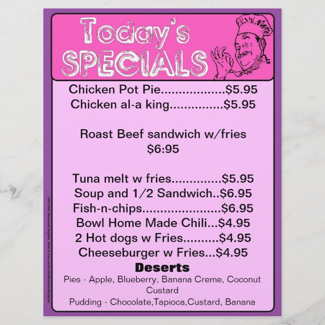 Spécialités d'aujourd'hui Menu Inserts Restaurants (Devant)