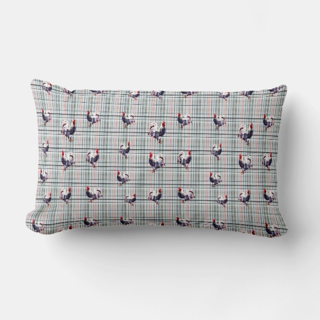 Speckled Fluffy Rooster On White Checks Tartan, Lumbar Pillow (Front)