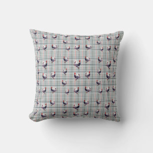 Speckled Fluffy Rooster On White Checks Tartan, Throw Pillow