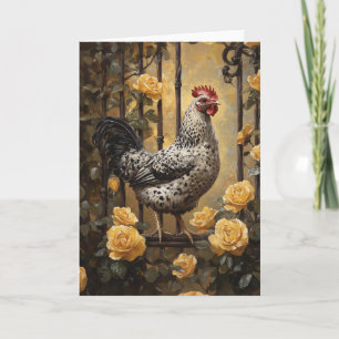Speckled Hen with Yellow Roses Oil Painting Card