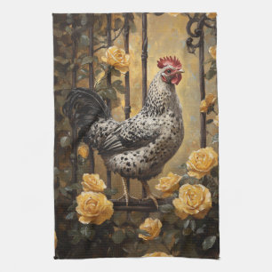 Speckled Hen with Yellow Roses Oil Painting Kitchen Towel