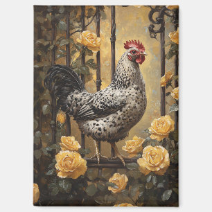 Speckled Hen with Yellow Roses Oil Painting Magnet