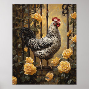Speckled Hen with Yellow Roses Oil Painting Poster