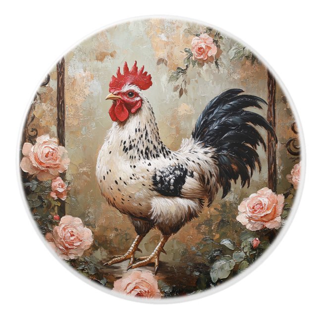 Speckled Rooster Among Pink Roses Ceramic Knob (Front)
