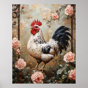 Speckled Rooster Among Pink Roses Poster