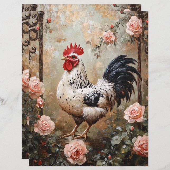 Speckled Rooster Among Pink Roses Scrapbook Paper (Front/Back)