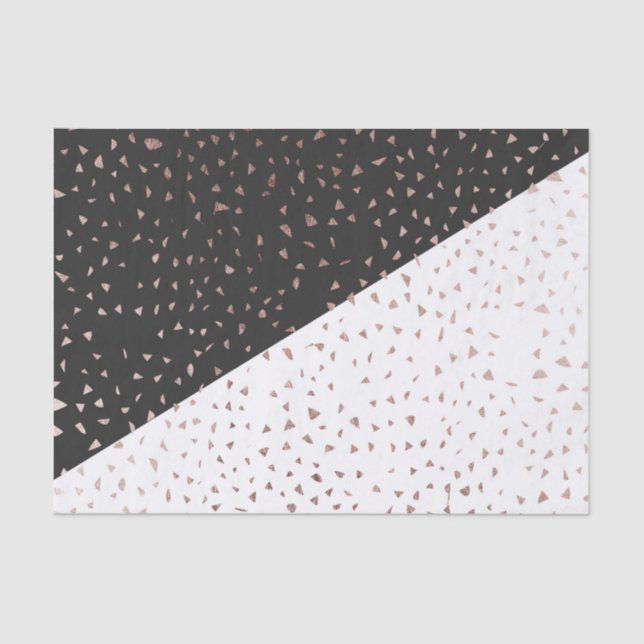 Speckled Rose Gold Flakes on Black White Geometric Tissue Paper (Front)
