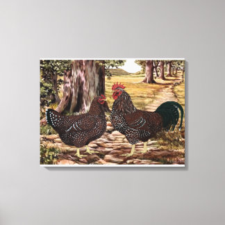 Speckled Sussex Rooster and Hen in Wooded Setting Canvas Print