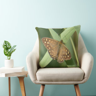 Speckled Wood Butterfly on Green Throw Pillow