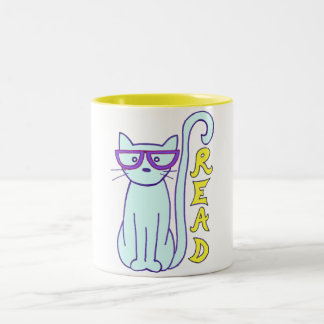 Spectacle Cat with Purple Glasses with Read sign Two-Tone Coffee Mug