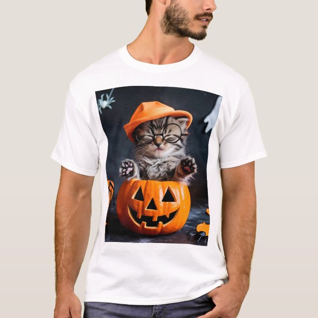 Spectacles Kitten in Pumpkin Halloween Tee (Front)