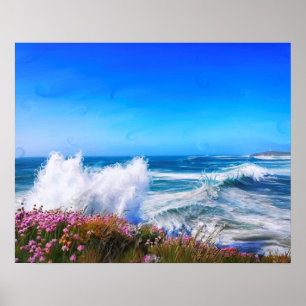 Spectacular impressionist wave with pink flowers poster