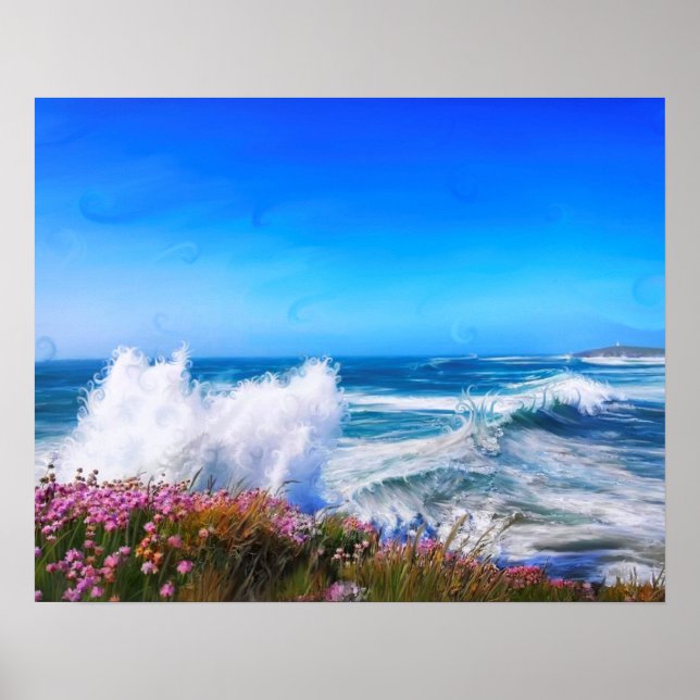 Spectacular impressionist wave with pink flowers poster (Front)