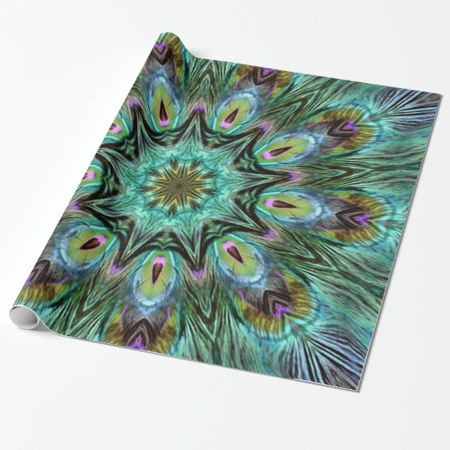 Spectacular Peacock Feather Kaleidoscope Party Wrapping Paper (Unrolled)