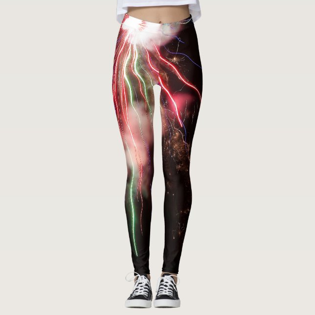 Spectacular Red green Fireworks Abstract black sky Leggings (Front)