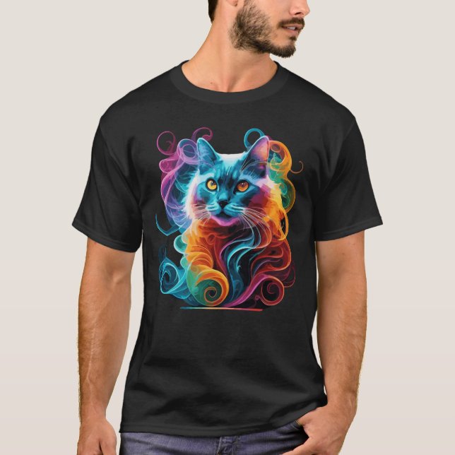 Spectral Anime Cat in Vibrant Smoke Explosion T-Shirt (Front)