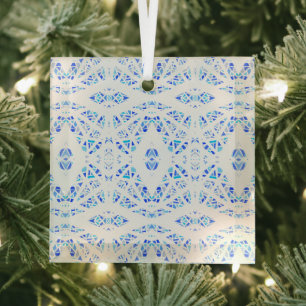 Spectroscopic Blue White Abstract Gouache Art Glass Ornament