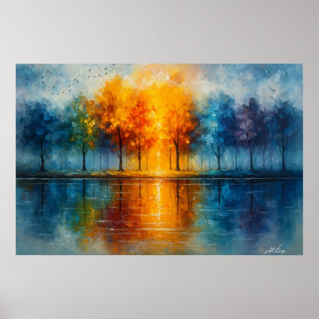 Spectrum Grove - Colorful Trees Reflected in Water Poster (Front)