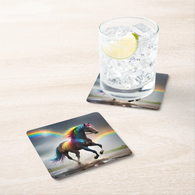Spectrum of Grace: Rainbow Horse Beneath Rainbows Square Paper Coaster (Insitu)