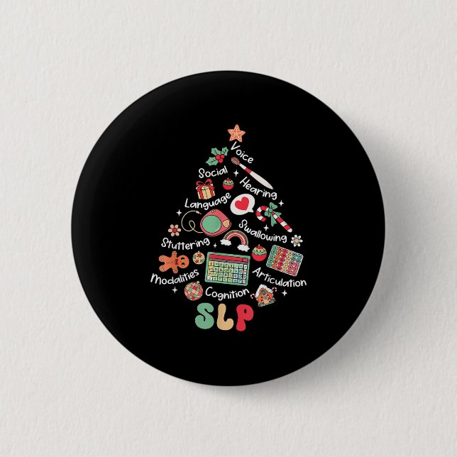 Speech Therapy Christmas Tree Merry Xmas Slp Thera 2 Inch Round Button (Front)