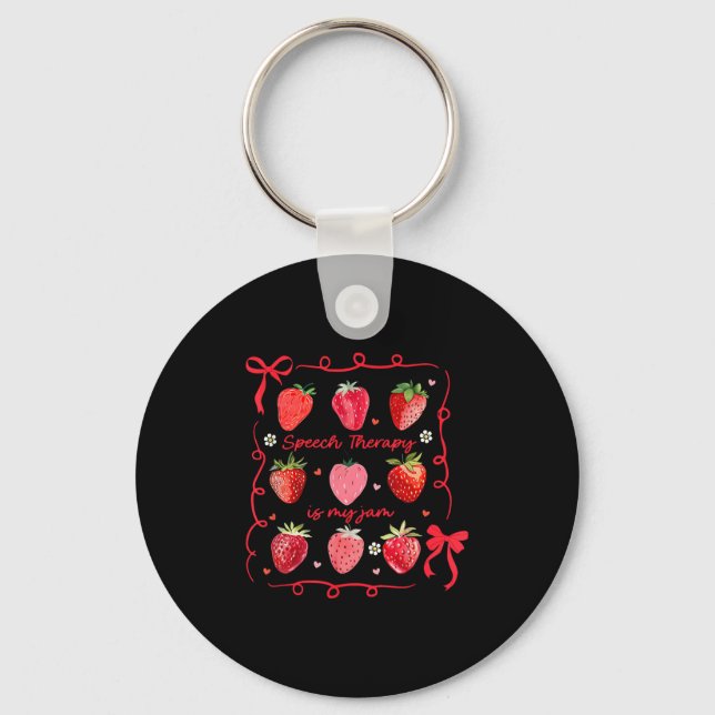 Speech Therapy Is My Jam Strawberry Bow Slp Speech Keychain (Front)