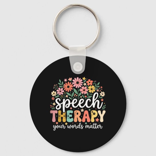 Speech Therapy Words Language Pathologist Floral Keychain (Front)