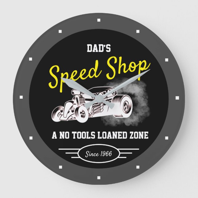 Speed Shop Dad's Any Name Hotrod Smoking Tires Large Clock (Front)