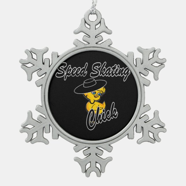 Speed Skating Chick #4 Snowflake Pewter Christmas Ornament (Front)
