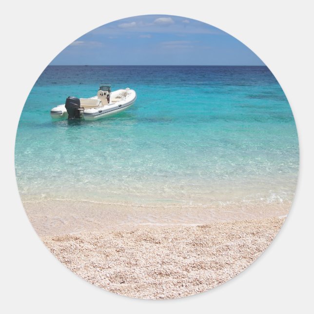 Speedboat in the blue sea classic round sticker (Front)