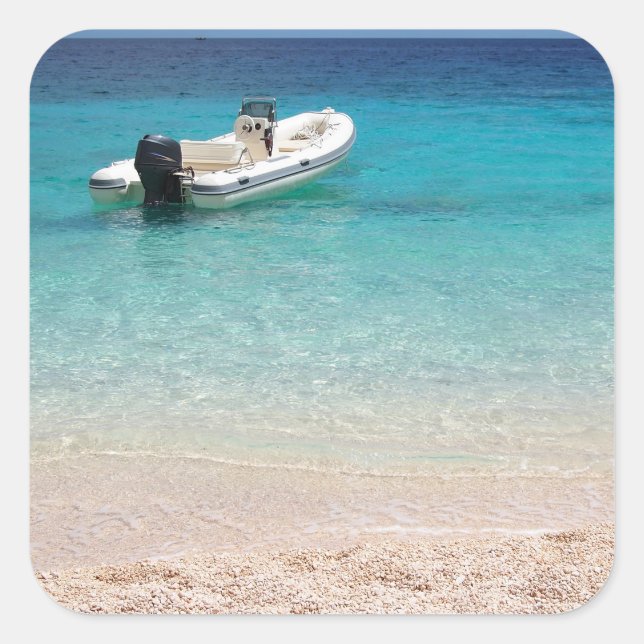 Speedboat in the blue sea square sticker (Front)