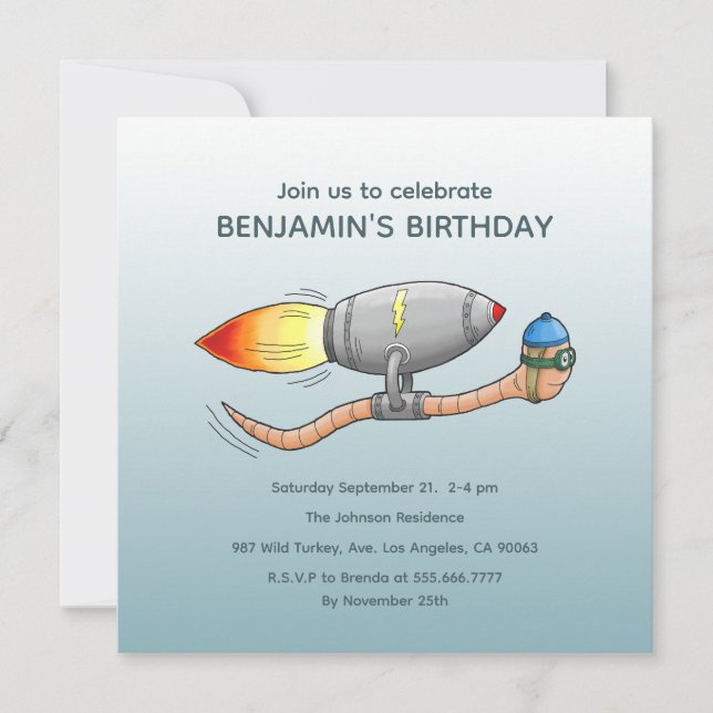 Speedy Rocket Worm Birthday Invitation (Front)