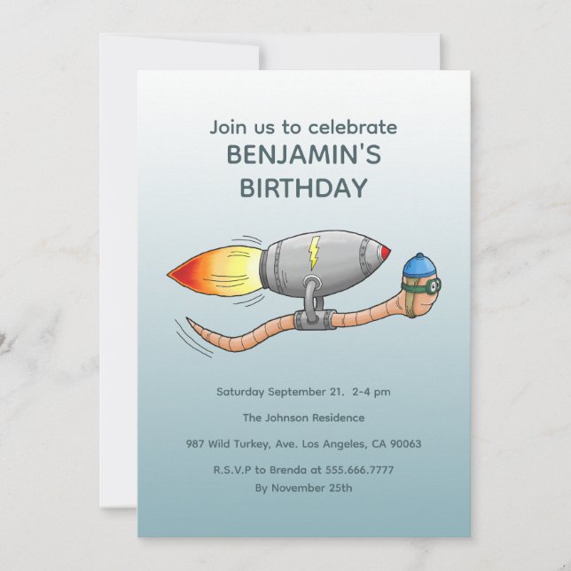 Speedy Rocket Worm Birthday Invitation (Front)