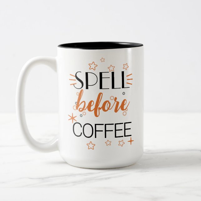 Spell Before Coffee Funny Witchy Brew Stars & Bean Two-Tone Coffee Mug (Left)