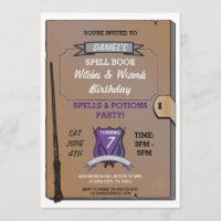 Spell Book Wizards Witches Birthday Party Invite