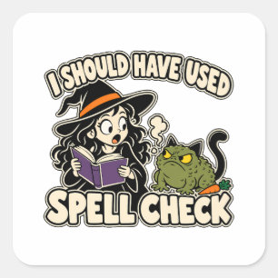 Spell Check Oops Witch Cartoon Square Sticker