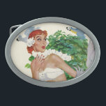 Spell of the Islands Belt Buckle<br><div class="desc">Artist:Joe DeMers | Woman in white swimsuit being chased by a man and birds</div>