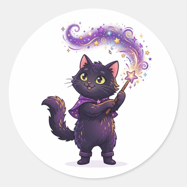  Spellcaster Black Cat Magical Wizard Halloween Classic Round Sticker (Front)