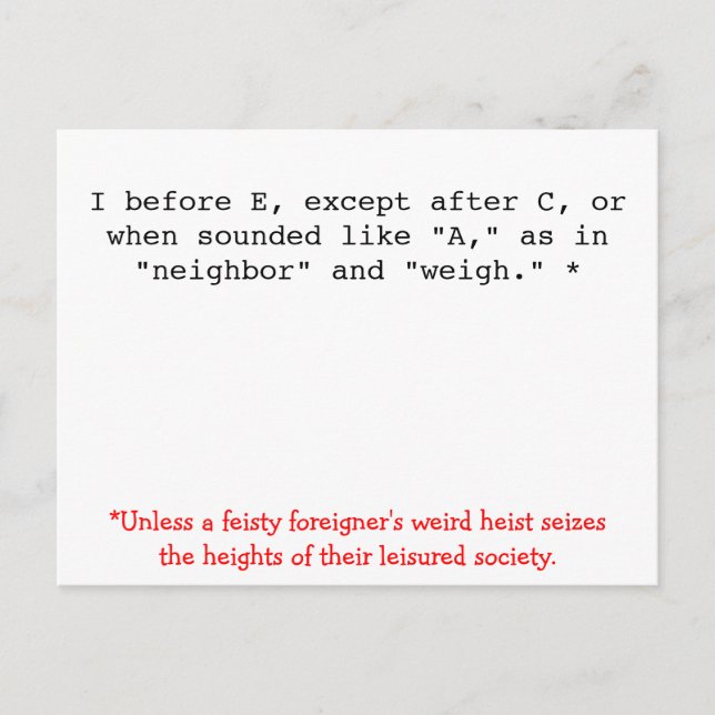Spelling Rules: I before E Postcard (Front)