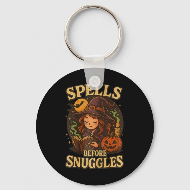 Spells Before Snuggles Witch Halloween Reading Fal Keychain (Front)