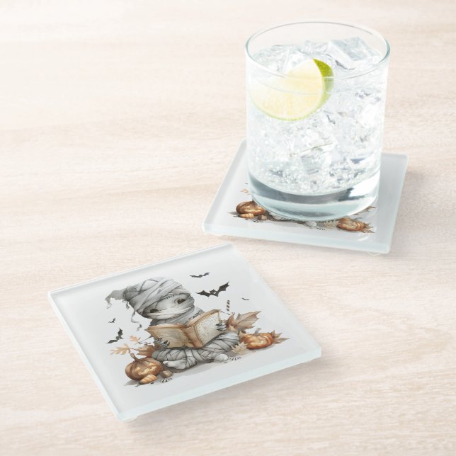 Spells & Stories – Mummy in the Pumpkin Patch Glass Coaster (Angled)