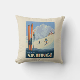 Spend the Day Skiing Vintage Throw Pillow