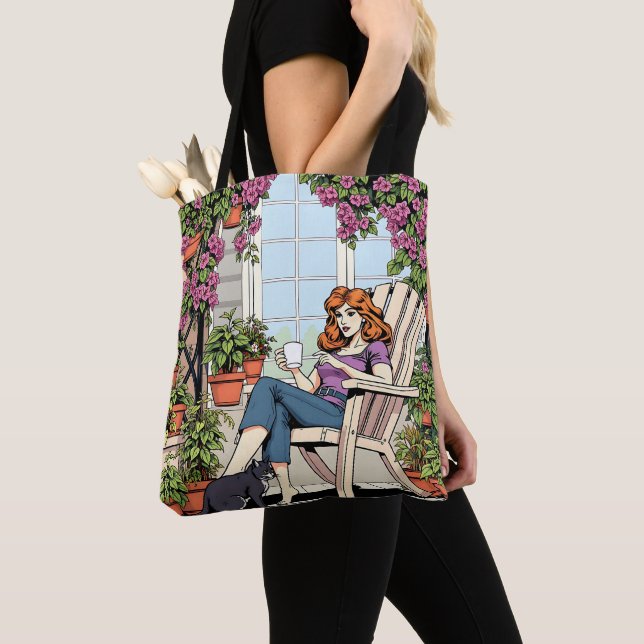 Spending Time with my Cat, Coffee and Plants Tote Bag (Close Up)
