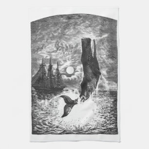 Sperm Whale Breaching, Vintage Marine Life Animals Kitchen Towel