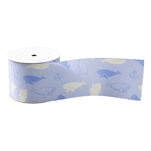 Sperm Whale Pattern (Blue) Grosgrain Ribbon (Spool)