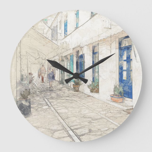 Spetses Greece Street Scene Large Wall Clock  (Front)